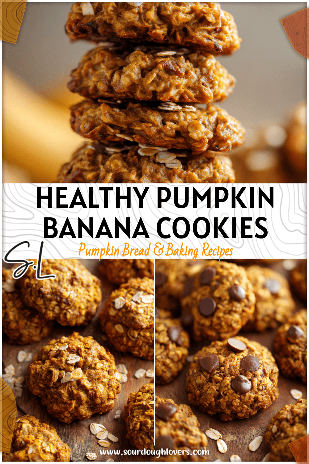 Close-up of golden pumpkin banana oatmeal cookies with visible oats on a wooden table.